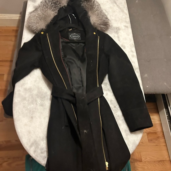 1 Madison Black Wool Wrap Coat with Detachable Fox Fur Trim - Picture 9 of 12